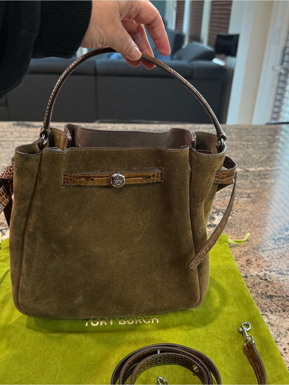 Tory Burch Olive Brown Suede Shoulder Bag with Croc Trim - Picture 3 of 3